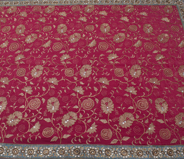 Sushila Vintage HEAVY Pink Saree Pure Crepe Silk Embroidered Floral Sari Fabric