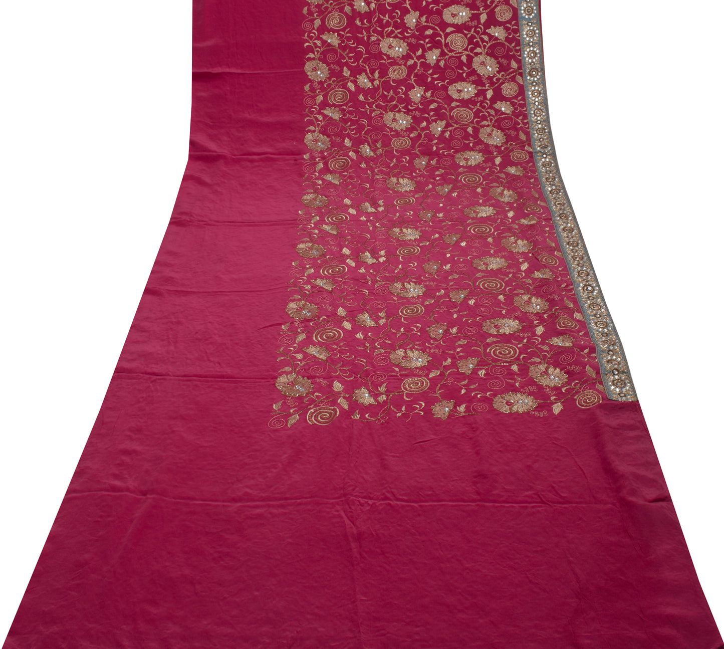 Sushila Vintage HEAVY Pink Saree Pure Crepe Silk Embroidered Floral Sari Fabric