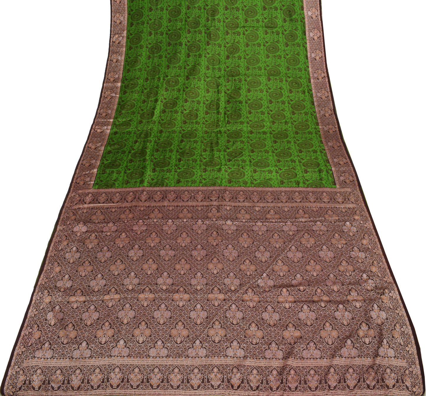 Sushila Vintage Green Saree 100% Pure Silk Woven & Printed Sari 5 Yard Fabric