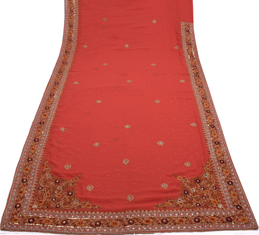 Sushila Vintage Peach Saree Blend Georgette Silk Hand Embroidered Sari Fabric