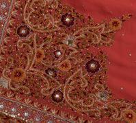 Sushila Vintage Peach Saree Blend Georgette Silk Hand Embroidered Sari Fabric
