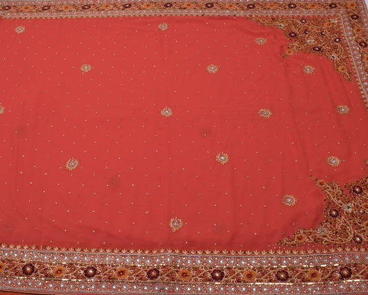 Sushila Vintage Peach Saree Blend Georgette Silk Hand Embroidered Sari Fabric