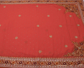 Sushila Vintage Peach Saree Blend Georgette Silk Hand Embroidered Sari Fabric