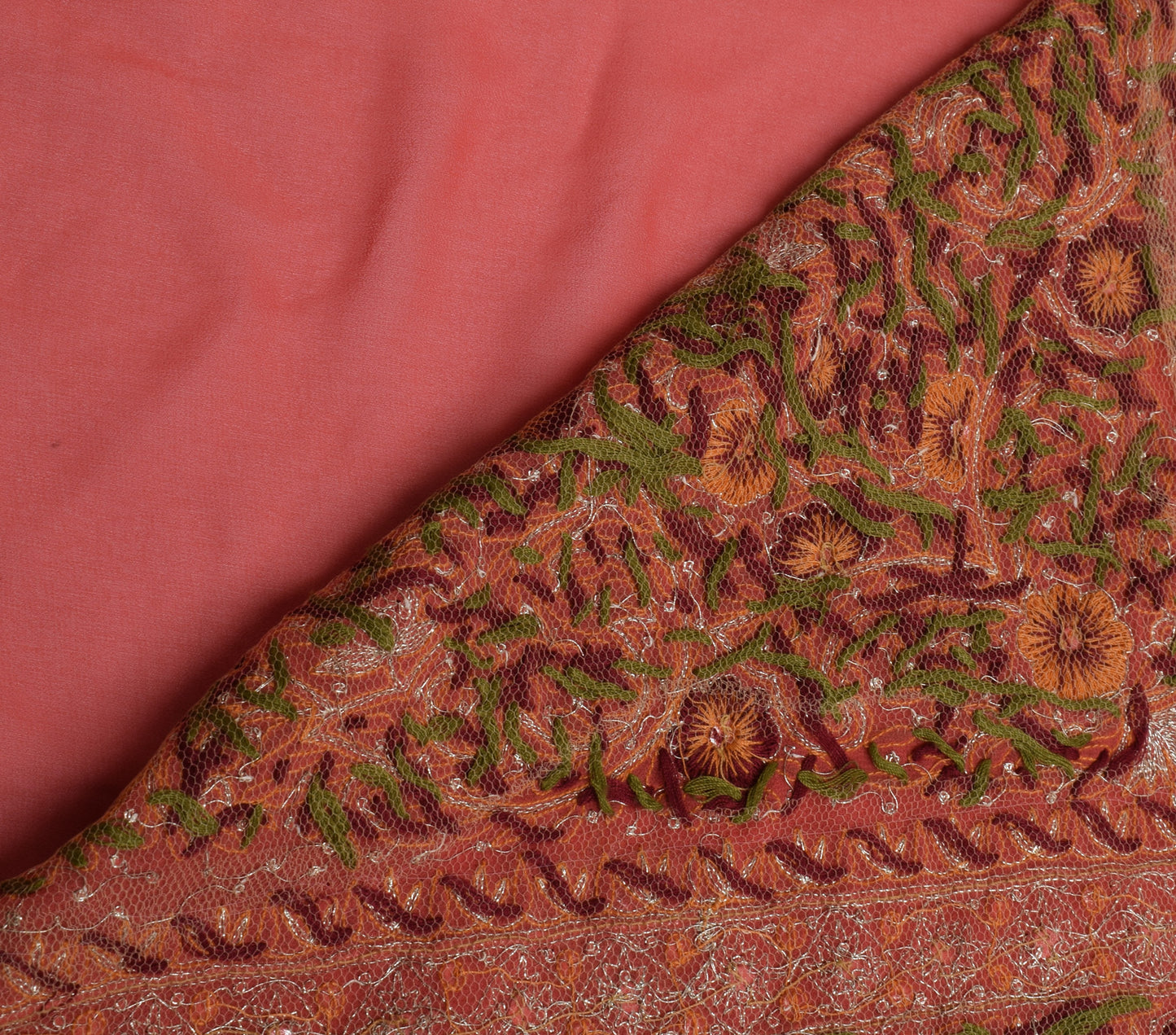Sushila Vintage Peach Saree Blend Georgette Silk Hand Embroidered Sari Fabric