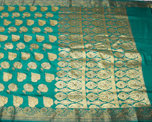 Sushila Vintage Teal Green Premium Sari Blend Silk Embroidered Woven Sari Fabric