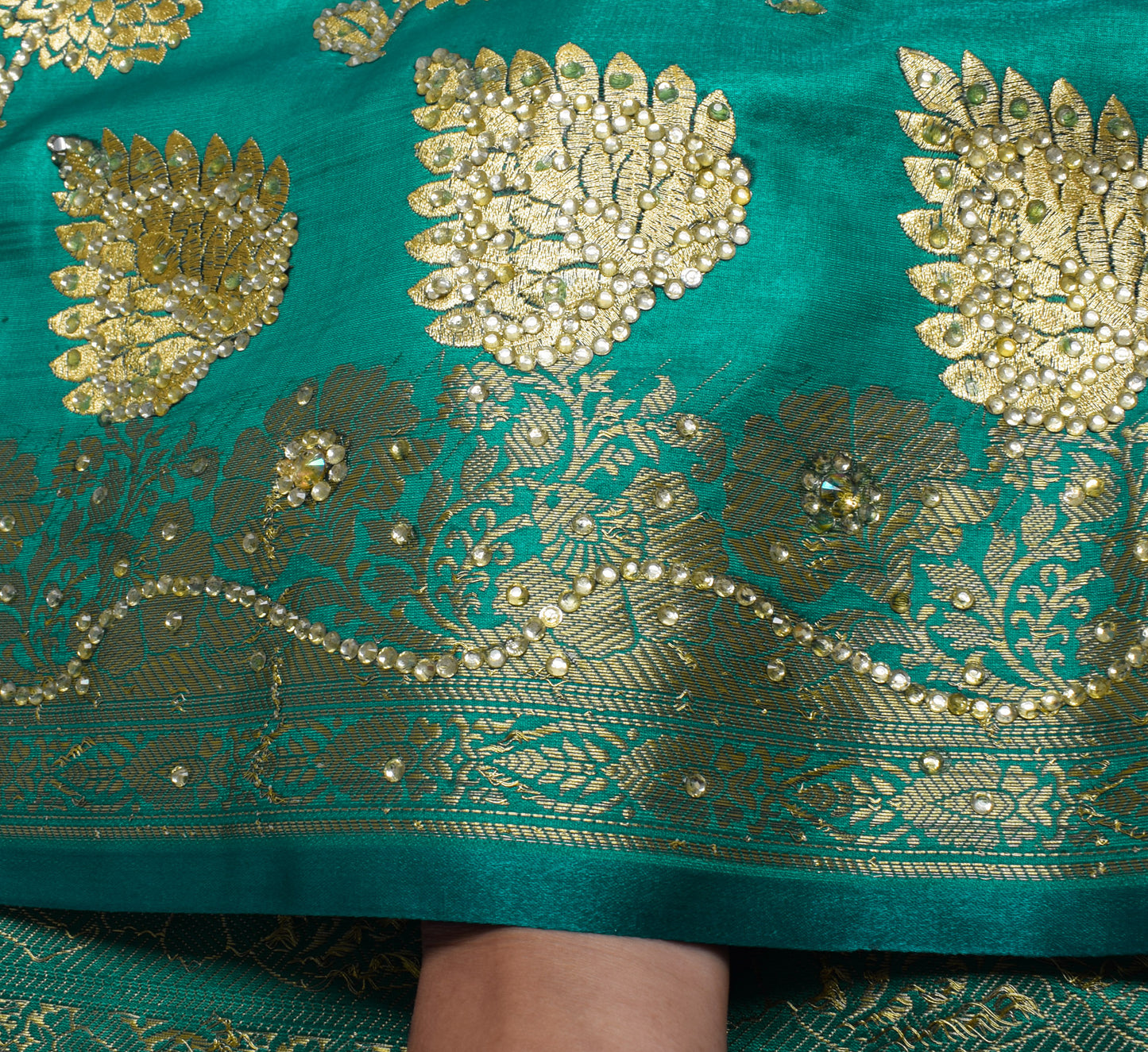 Sushila Vintage Teal Green Premium Sari Blend Silk Embroidered Woven Sari Fabric