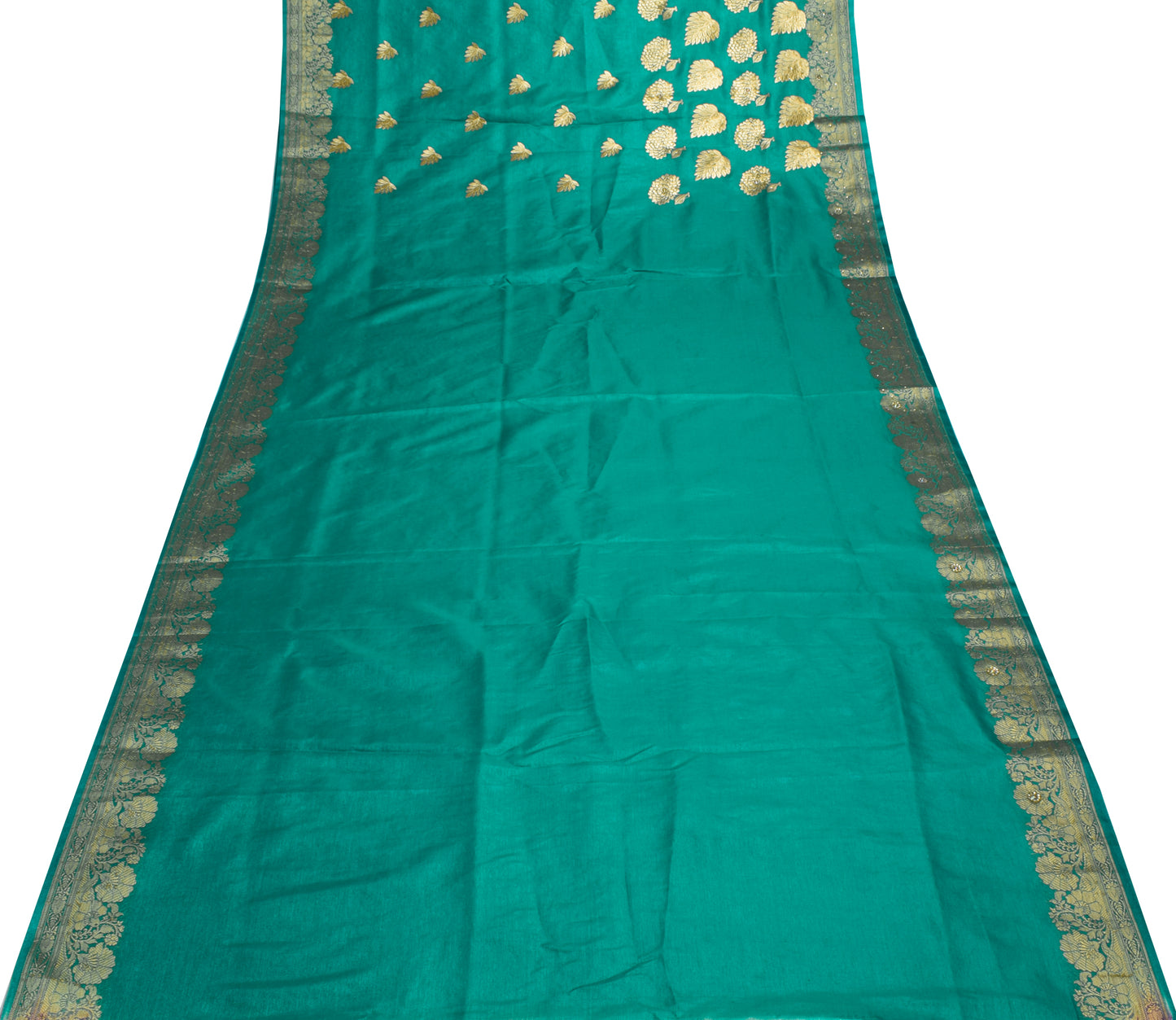 Sushila Vintage Teal Green Premium Sari Blend Silk Embroidered Woven Sari Fabric