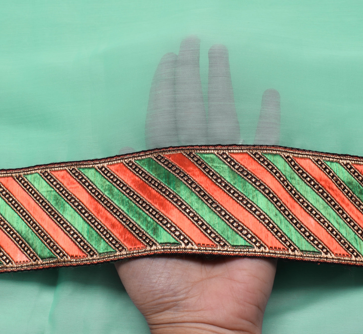 Sushila Vintage Indian Turquoise Green Plain Saree Woven Border Art Georgette Sari Craft Fabric