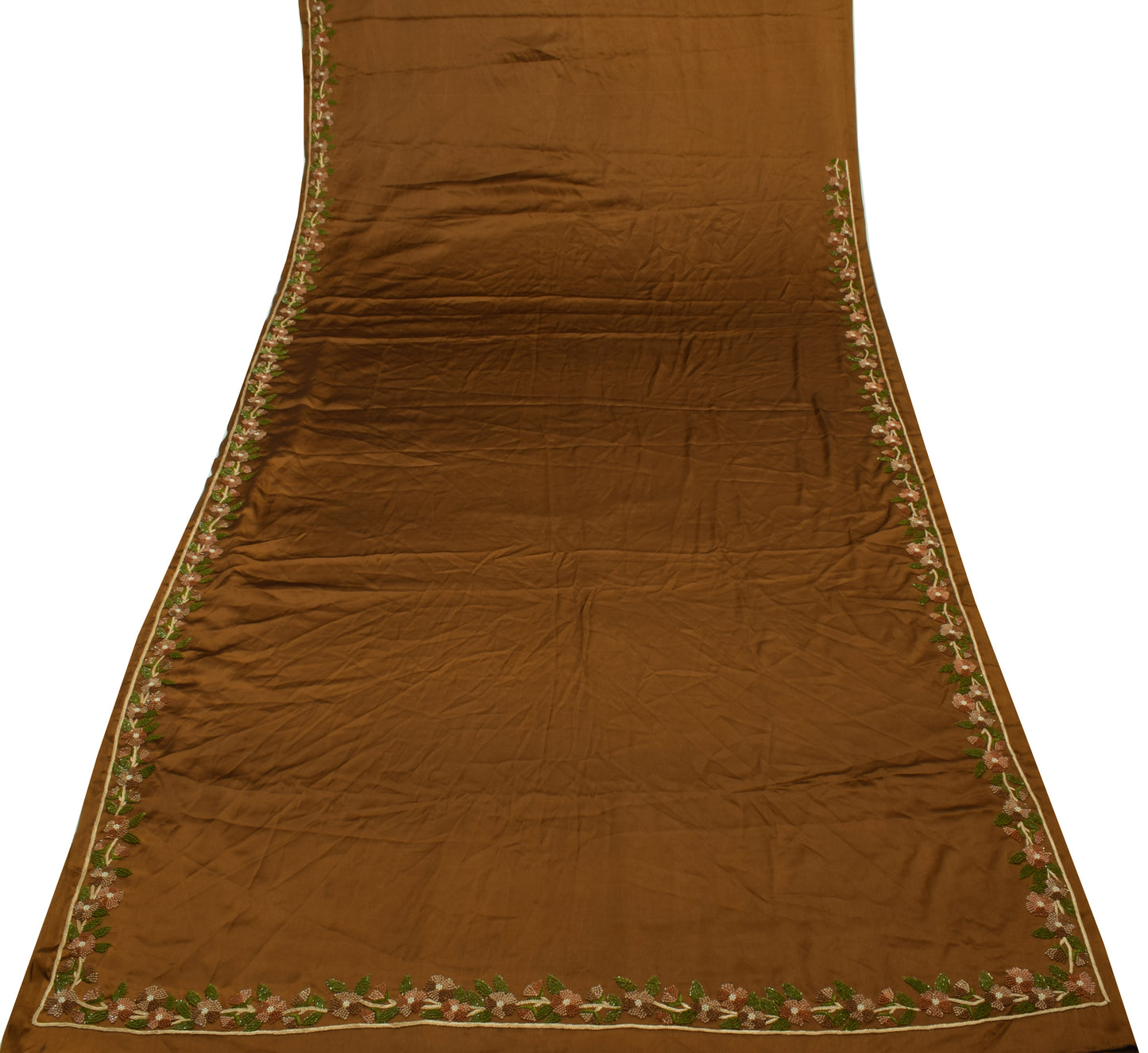 Sushila Vintage Green Saree Art Satin Silk Hand Embroidered Floral Sari Craft Fabric