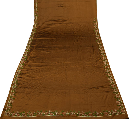 Sushila Vintage Green Saree Art Satin Silk Hand Embroidered Floral Sari Craft Fabric