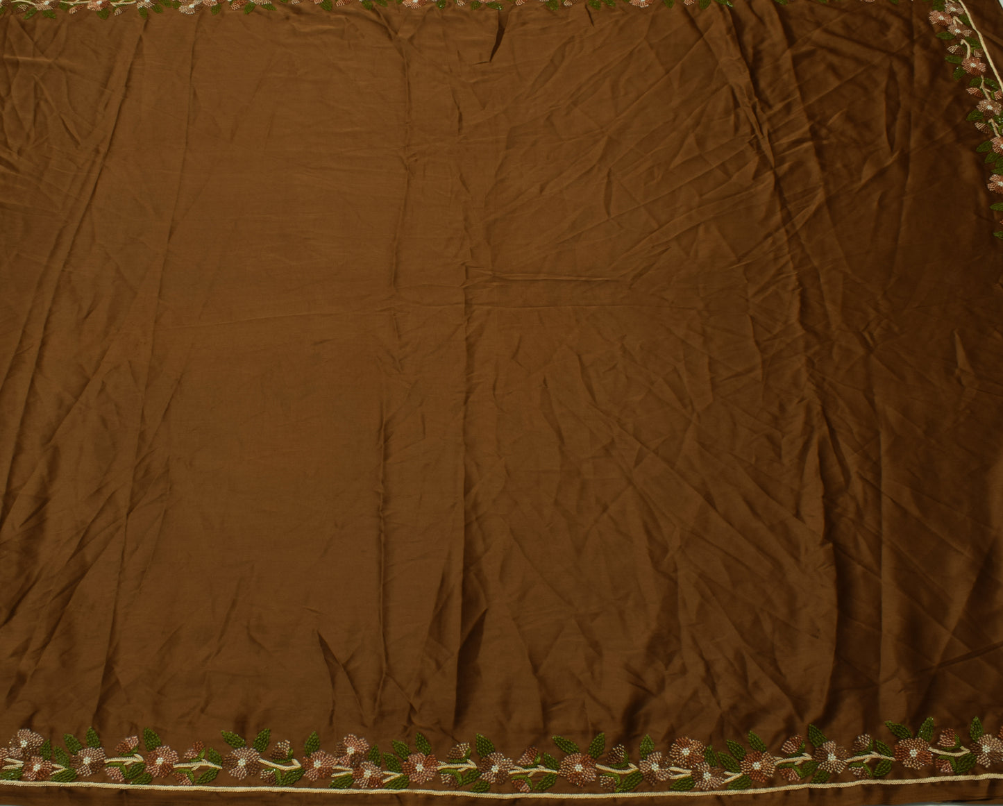Sushila Vintage Green Saree Art Satin Silk Hand Embroidered Floral Sari Craft Fabric