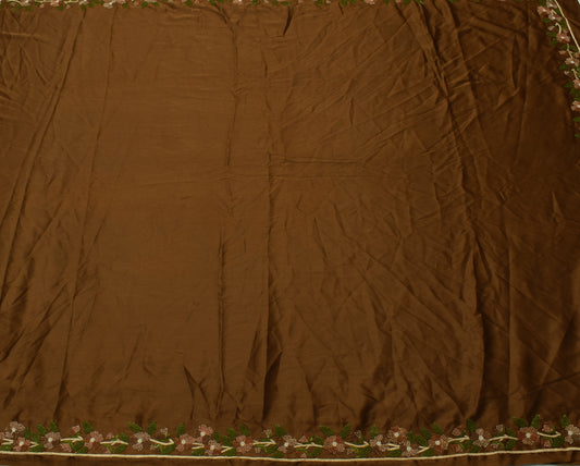 Sushila Vintage Green Saree Art Satin Silk Hand Embroidered Floral Sari Craft Fabric