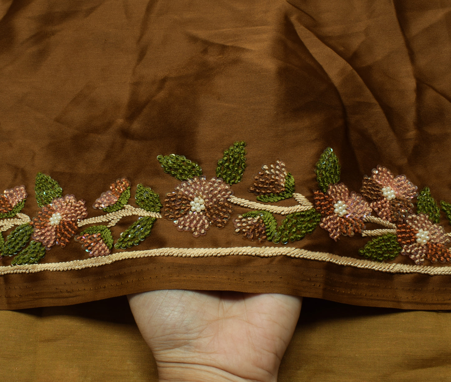 Sushila Vintage Green Saree Art Satin Silk Hand Embroidered Floral Sari Craft Fabric
