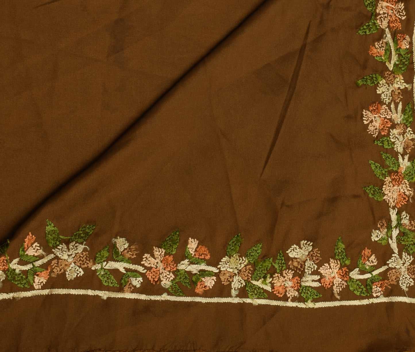 Sushila Vintage Green Saree Art Satin Silk Hand Embroidered Floral Sari Craft Fabric