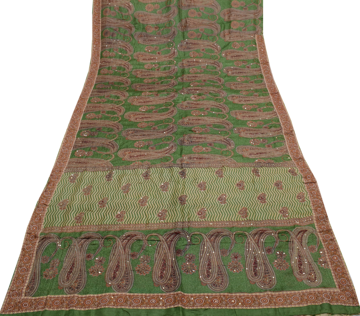 Sushila Vintage Green Saree 100% Pure Silk Printed Paisley Sari 5 Yard Fabric
