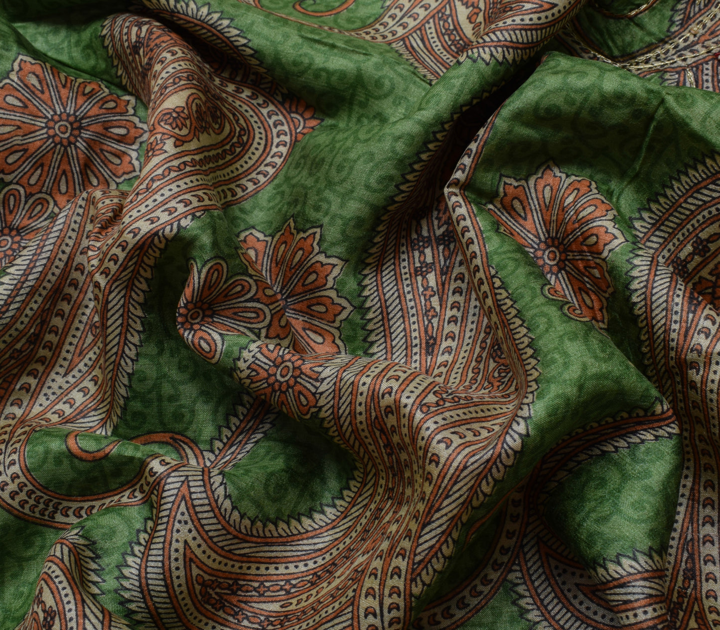 Sushila Vintage Green Saree 100% Pure Silk Printed Paisley Sari 5 Yard Fabric