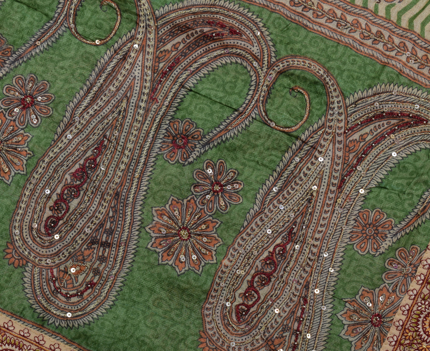 Sushila Vintage Green Saree 100% Pure Silk Printed Paisley Sari 5 Yard Fabric