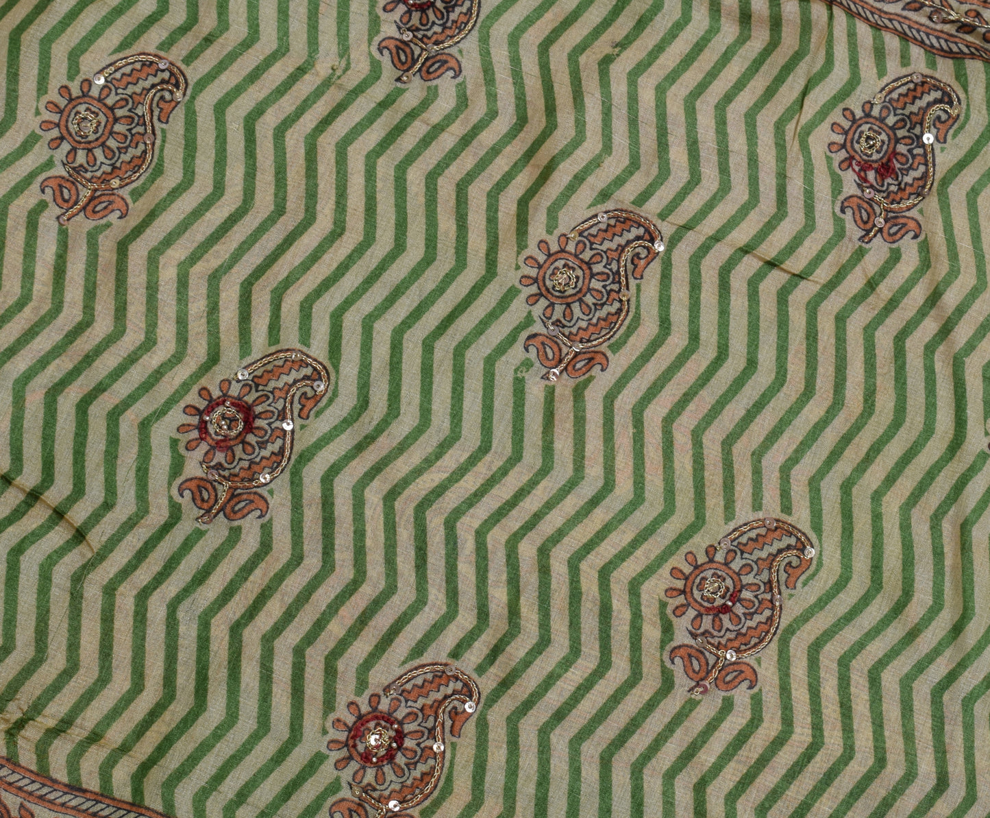 Sushila Vintage Green Saree 100% Pure Silk Printed Paisley Sari 5 Yard Fabric