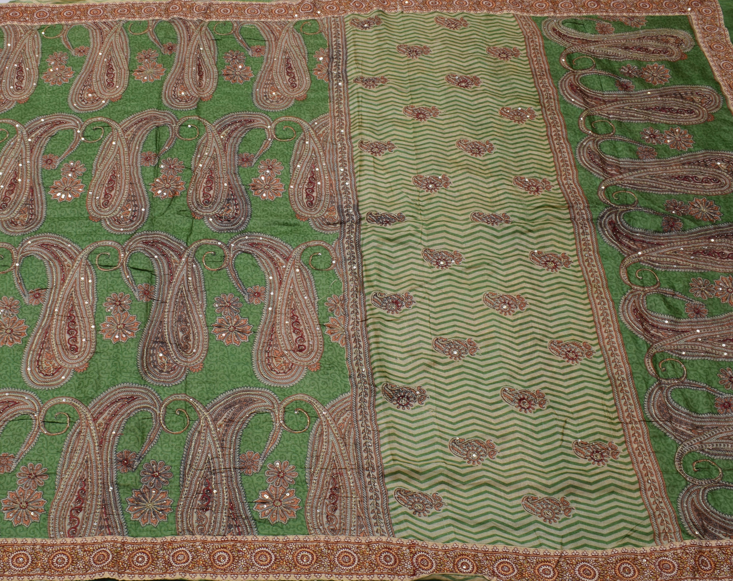 Sushila Vintage Green Saree 100% Pure Silk Printed Paisley Sari 5 Yard Fabric