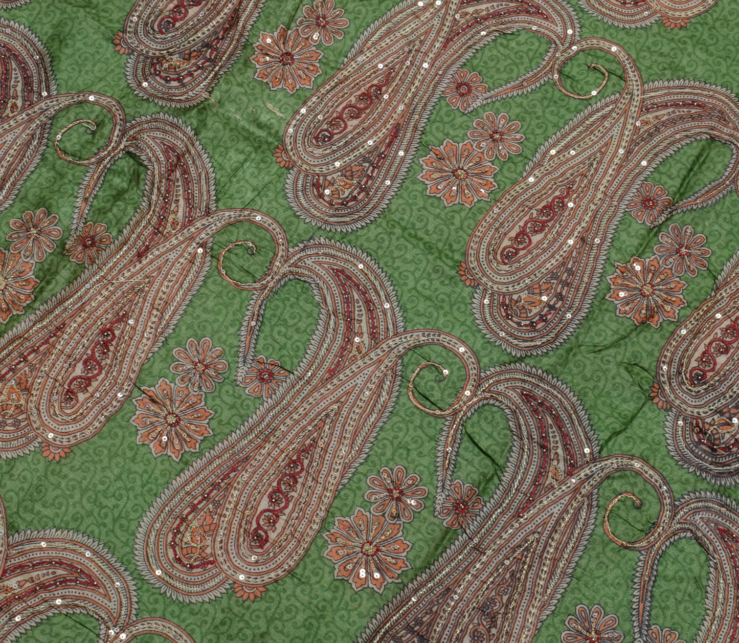 Sushila Vintage Green Saree 100% Pure Silk Printed Paisley Sari 5 Yard Fabric
