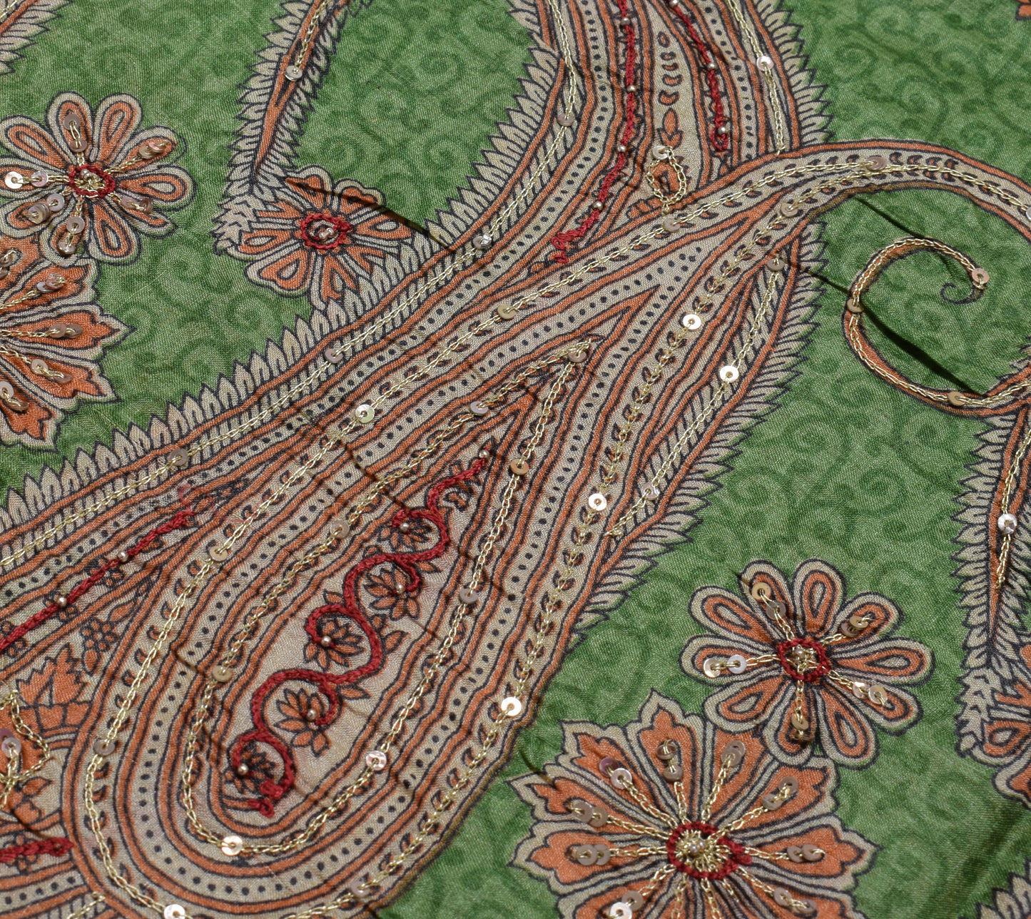 Sushila Vintage Green Saree 100% Pure Silk Printed Paisley Sari 5 Yard Fabric
