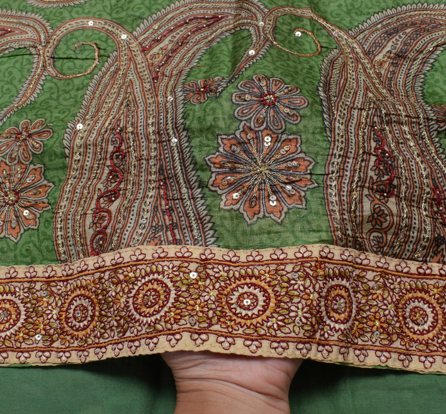 Sushila Vintage Green Saree 100% Pure Silk Printed Paisley Sari 5 Yard Fabric