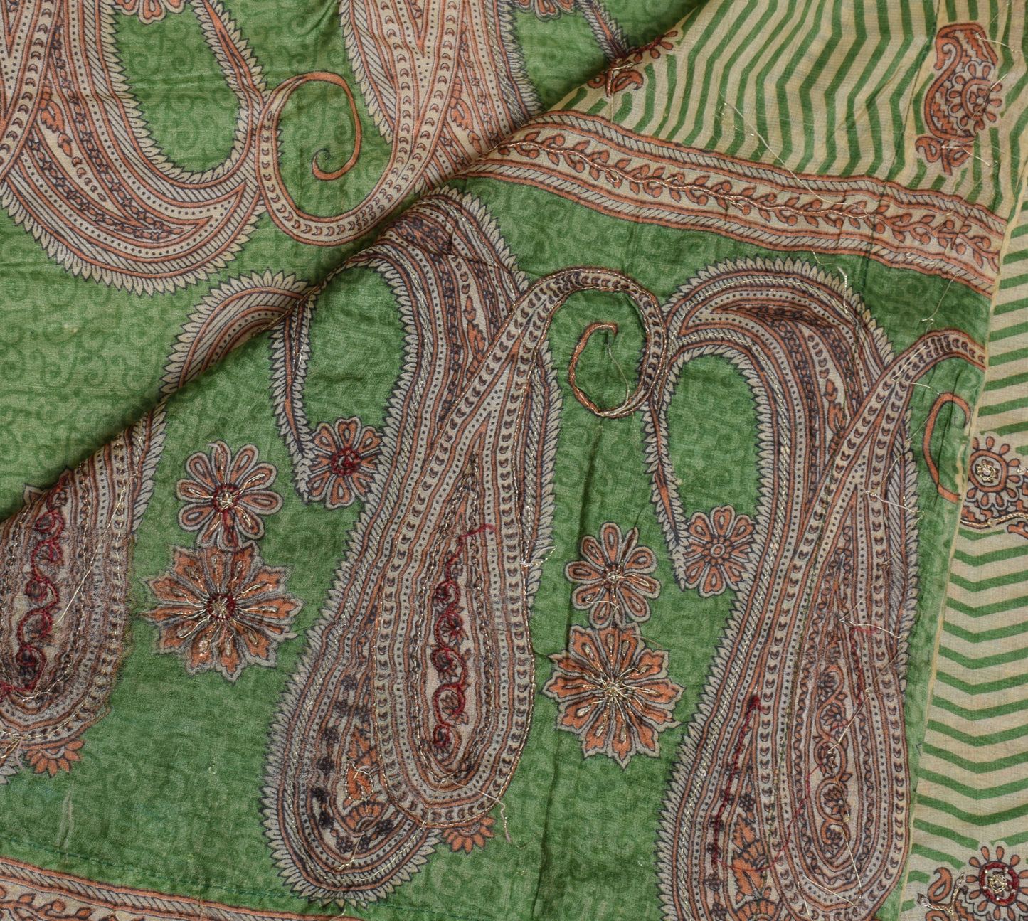 Sushila Vintage Green Saree 100% Pure Silk Printed Paisley Sari 5 Yard Fabric
