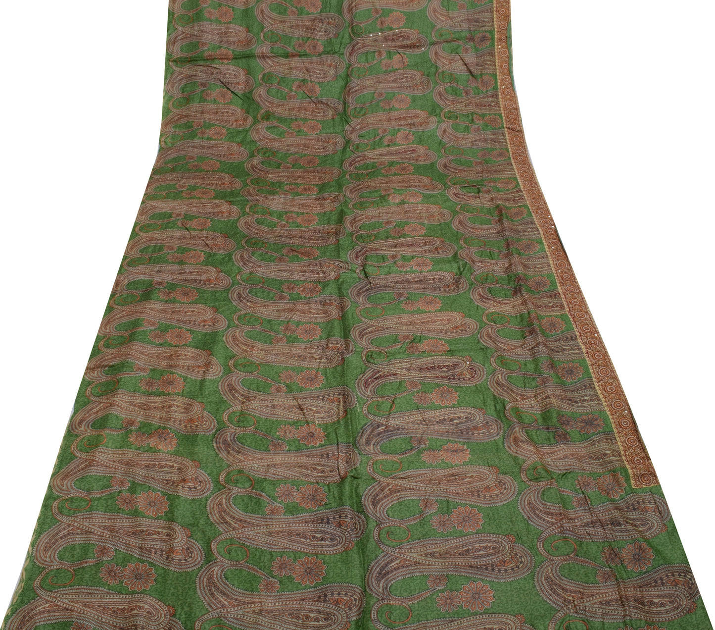 Sushila Vintage Green Saree 100% Pure Silk Printed Paisley Sari 5 Yard Fabric