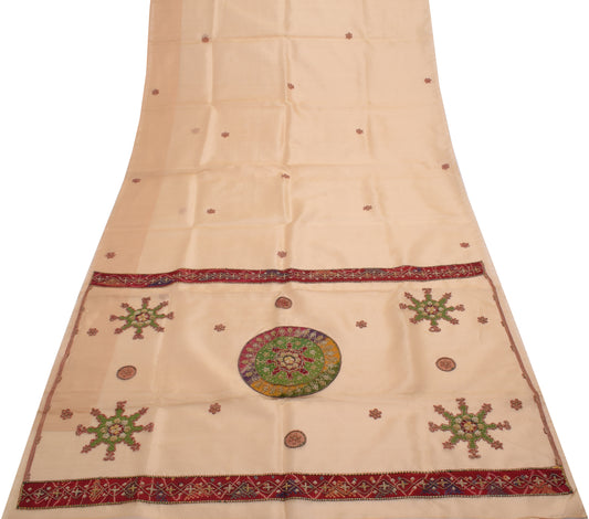Sushila Vintage Beige Saree Pure Tissue Silk Hand Beaded Sari Craft 5 YD Fabric