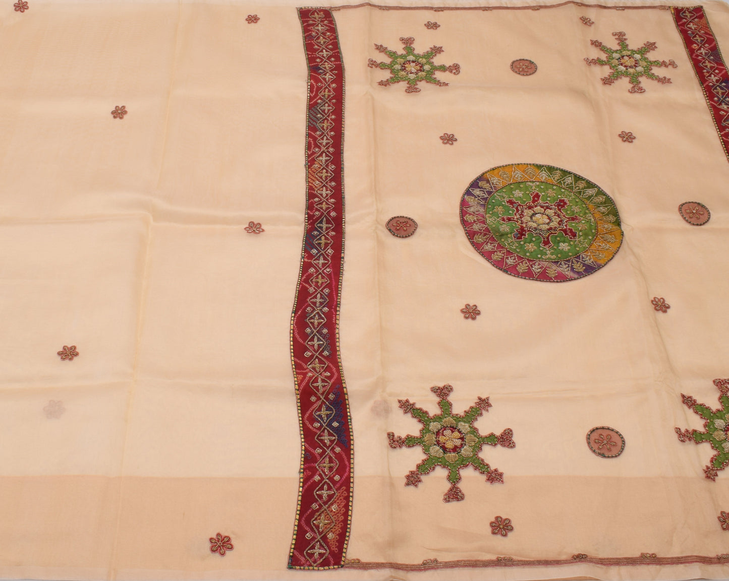 Sushila Vintage Beige Saree Pure Tissue Silk Hand Beaded Sari Craft 5 YD Fabric