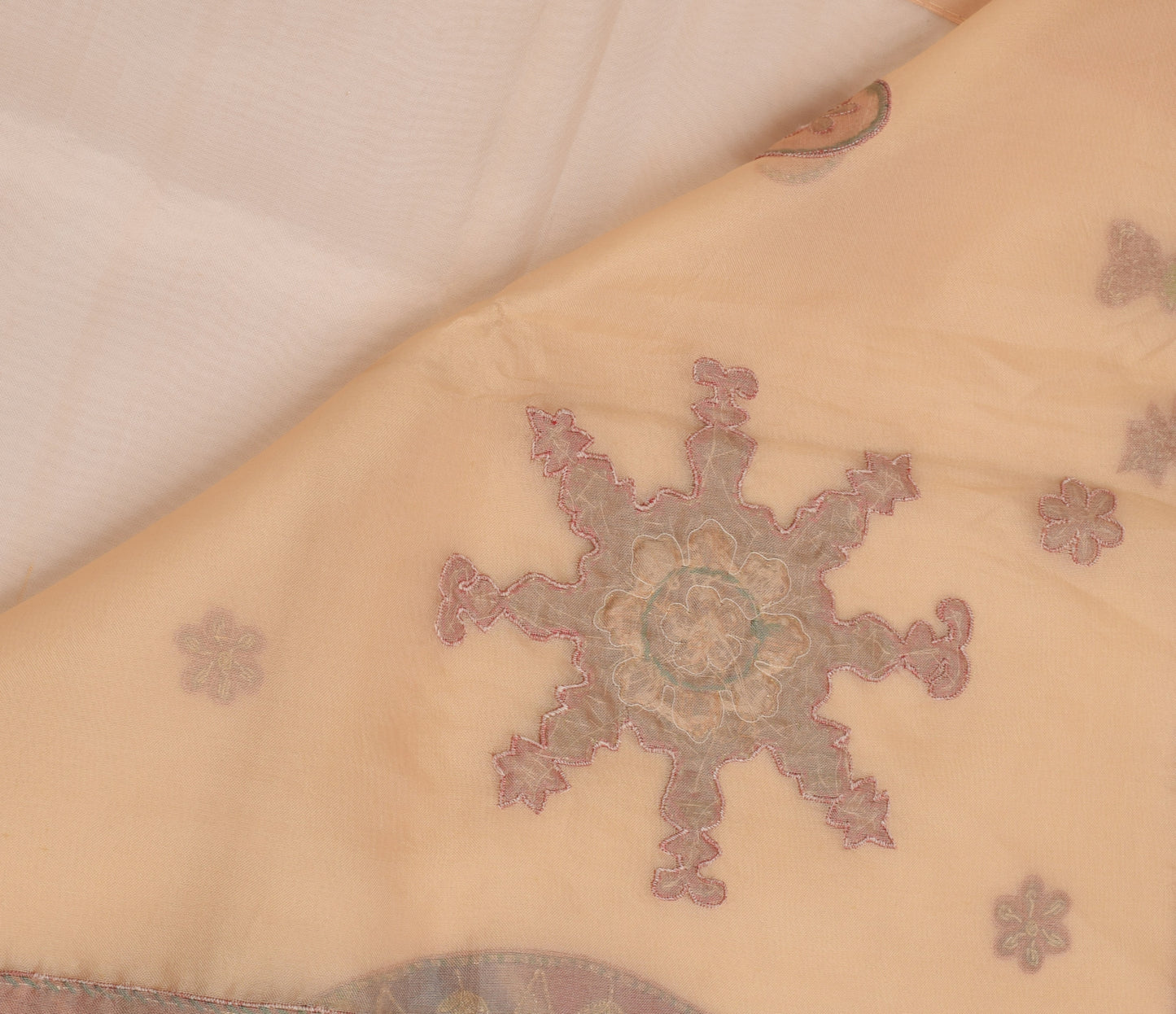 Sushila Vintage Beige Saree Pure Tissue Silk Hand Beaded Sari Craft 5 YD Fabric
