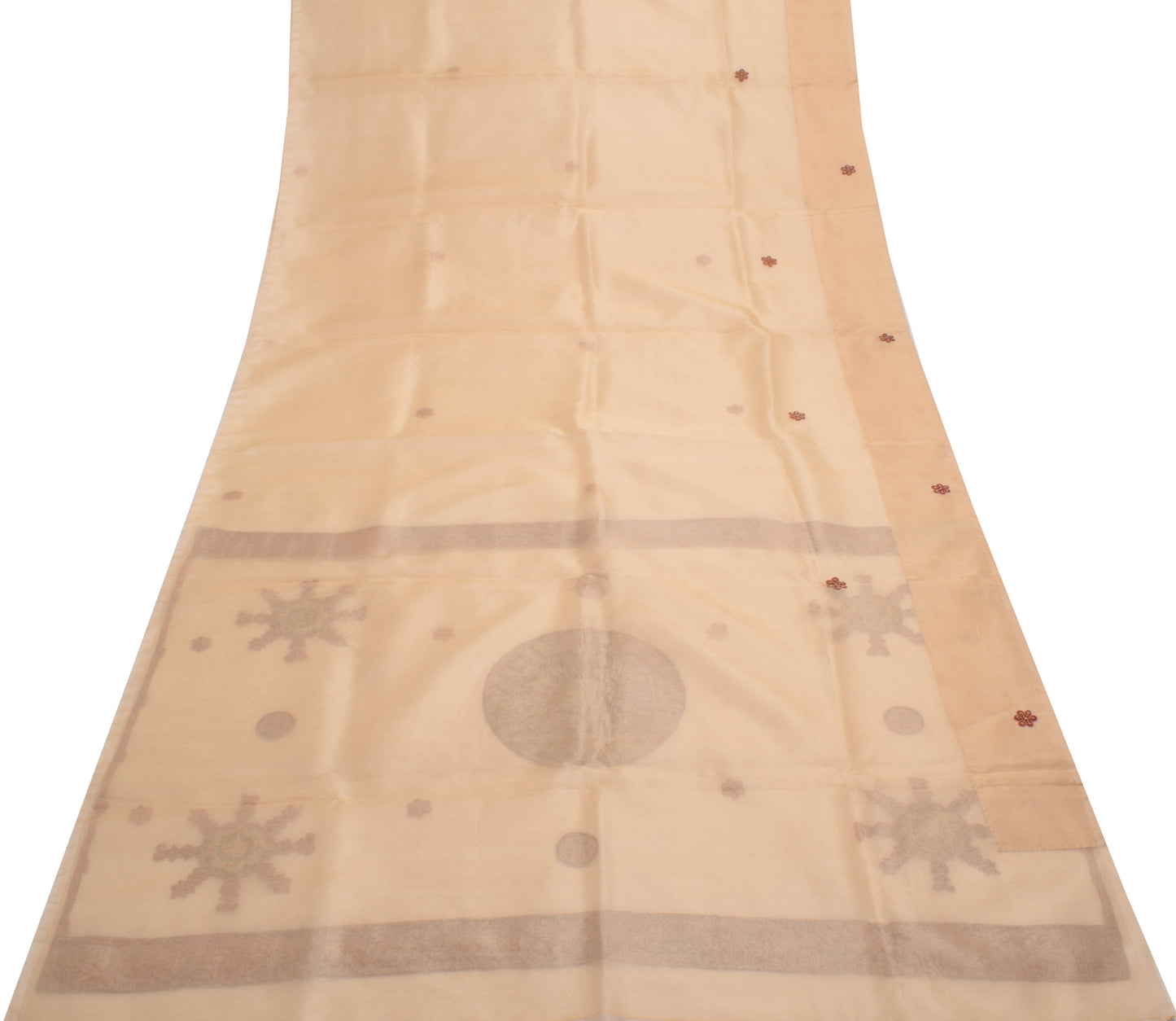 Sushila Vintage Beige Saree Pure Tissue Silk Hand Beaded Sari Craft 5 YD Fabric