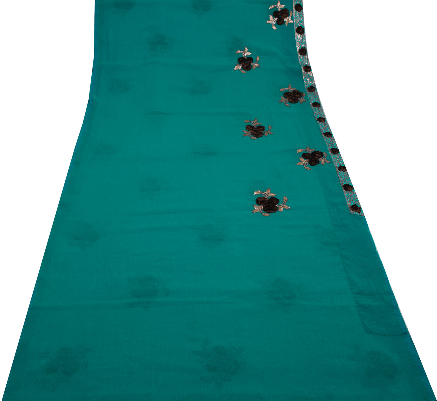 Sushila Vintage Teal Blue Saree Blend Tissue Silk Embroidered Floral Sari Fabric