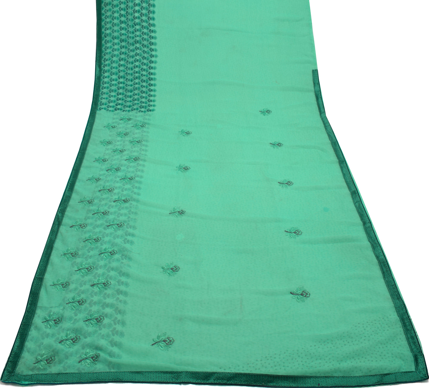 Sushila Vintage Aqua Green Sari Blend Chiffon Embroidered Floral Sari Fabric
