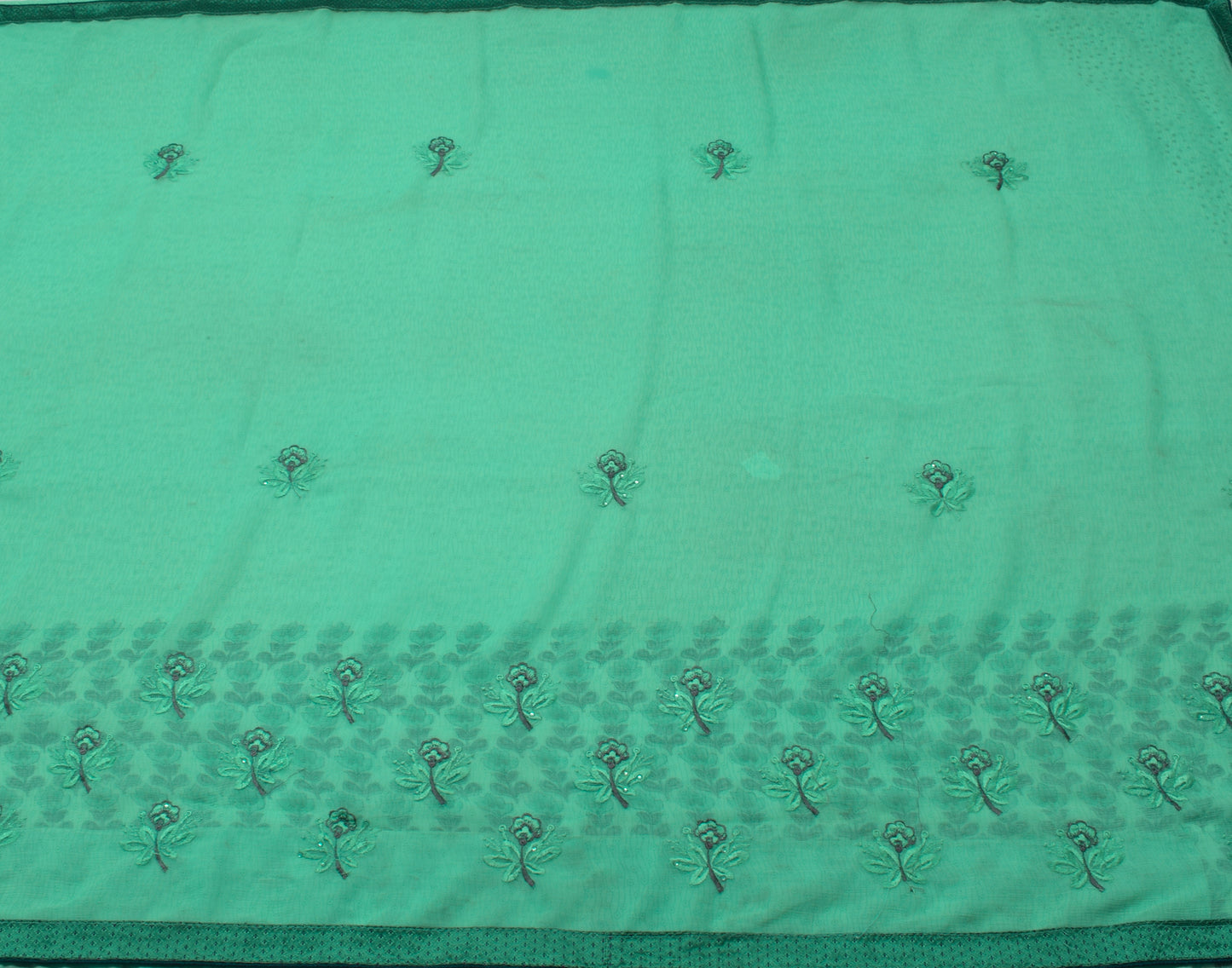Sushila Vintage Aqua Green Sari Blend Chiffon Embroidered Floral Sari Fabric