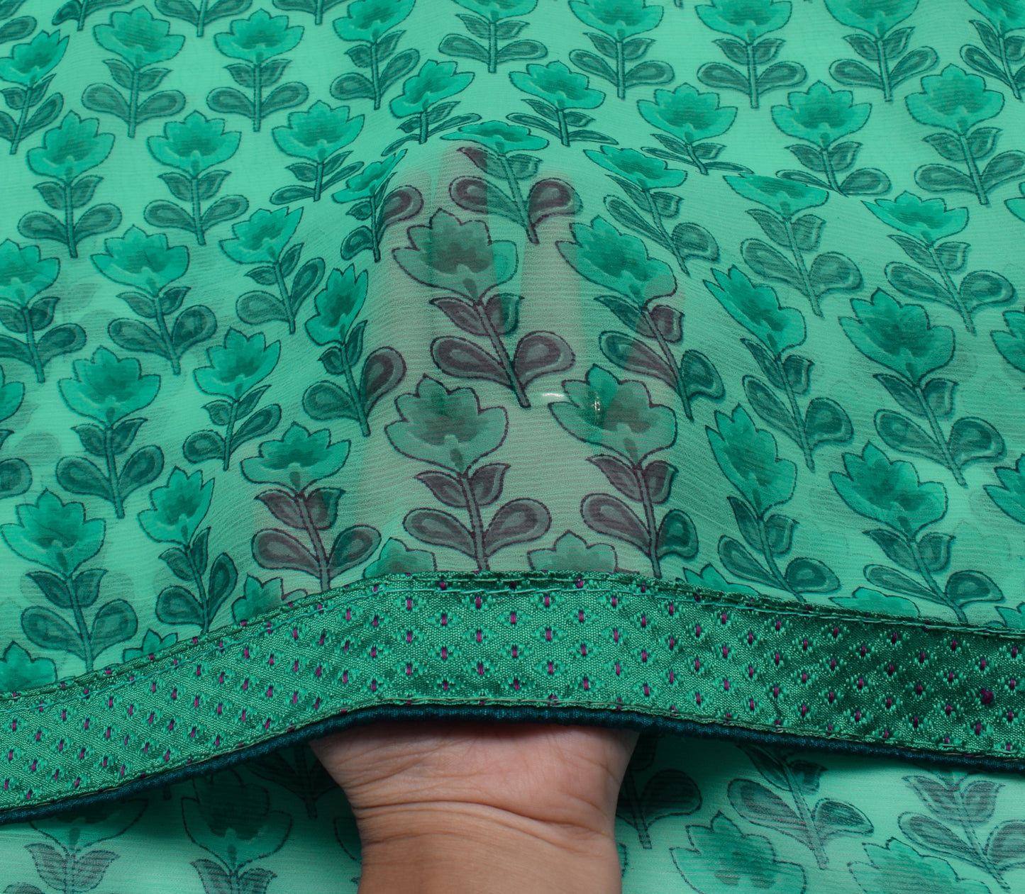 Sushila Vintage Aqua Green Sari Blend Chiffon Embroidered Floral Sari Fabric
