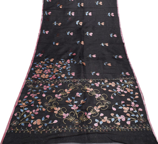 Sushila Vintage Black Saree Art Silk Floral Hand Printed Sari Craft Decor Fabric