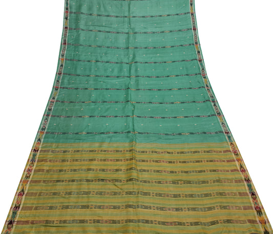 Sushila Vintage Green Saree Pure Silk Hand Woven Ikat Patola Sari Craft Fabric