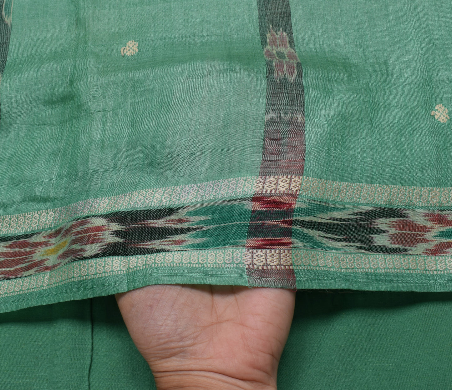Sushila Vintage Green Saree Pure Silk Hand Woven Ikat Patola Sari Craft Fabric