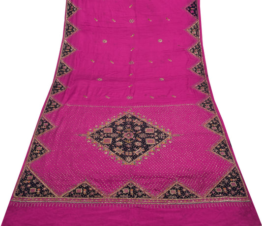 Sushila Vintage Purple Saree 100% Pure Silk Hand Beaded 5 Yard Sari Craft Fabric