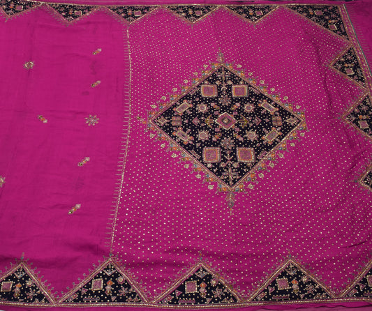 Sushila Vintage Purple Saree 100% Pure Silk Hand Beaded 5 Yard Sari Craft Fabric