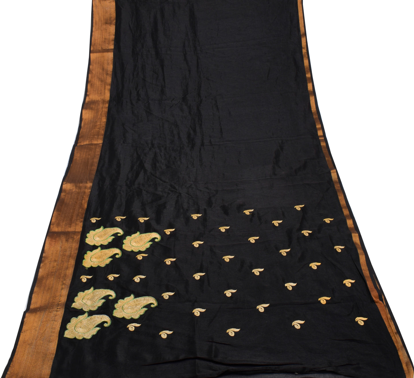 Sushila Vintage Black Saree Blend Silk Embroidered Paisley Sari Craft Fabric