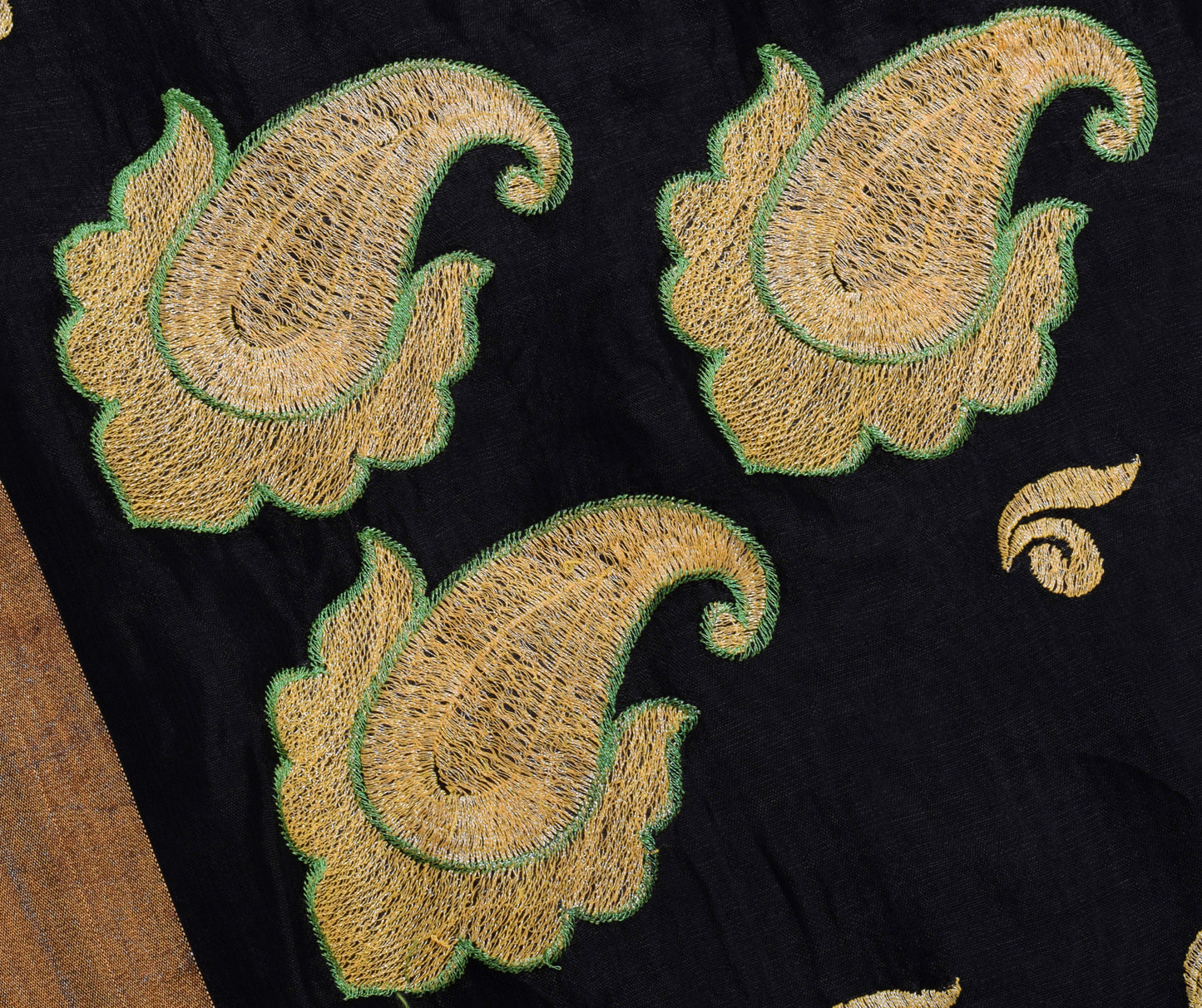 Sushila Vintage Black Saree Blend Silk Embroidered Paisley Sari Craft Fabric
