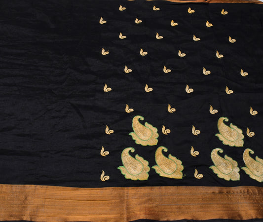 Sushila Vintage Black Saree Blend Silk Embroidered Paisley Sari Craft Fabric