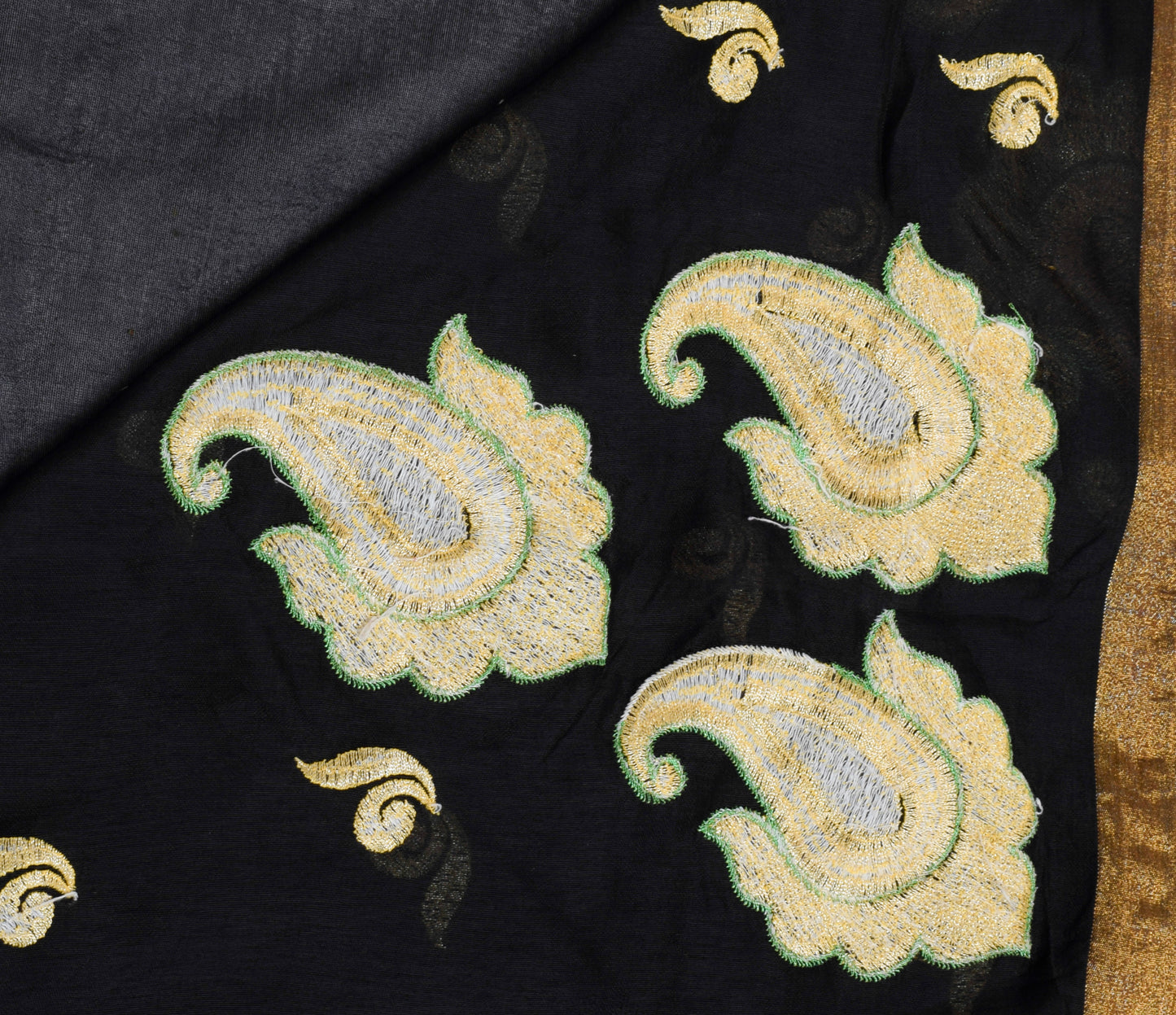 Sushila Vintage Black Saree Blend Silk Embroidered Paisley Sari Craft Fabric