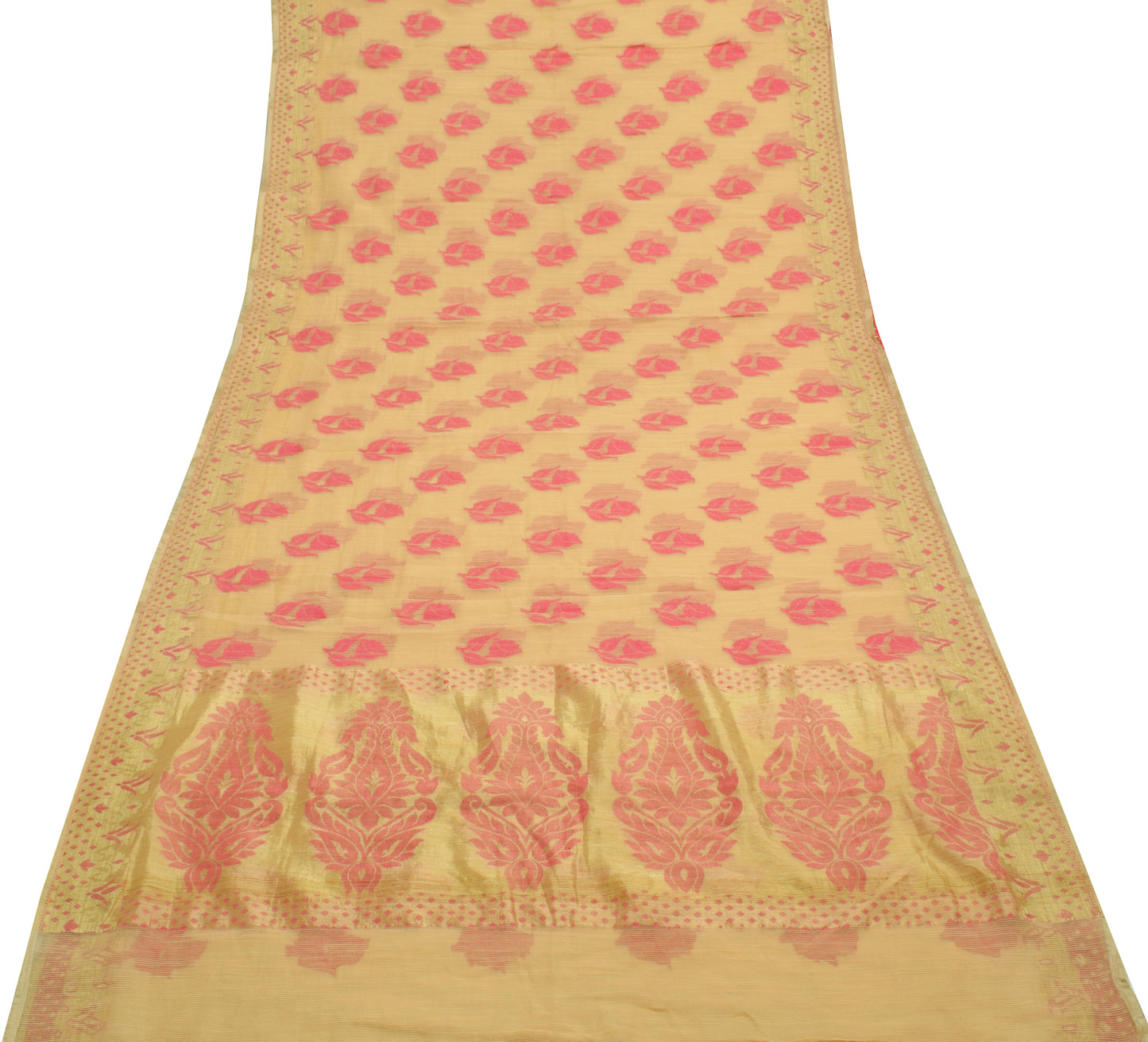 Sushila Vintage Indian Cream Saree Blend Cotton Woven Floral Sari Craft Fabric