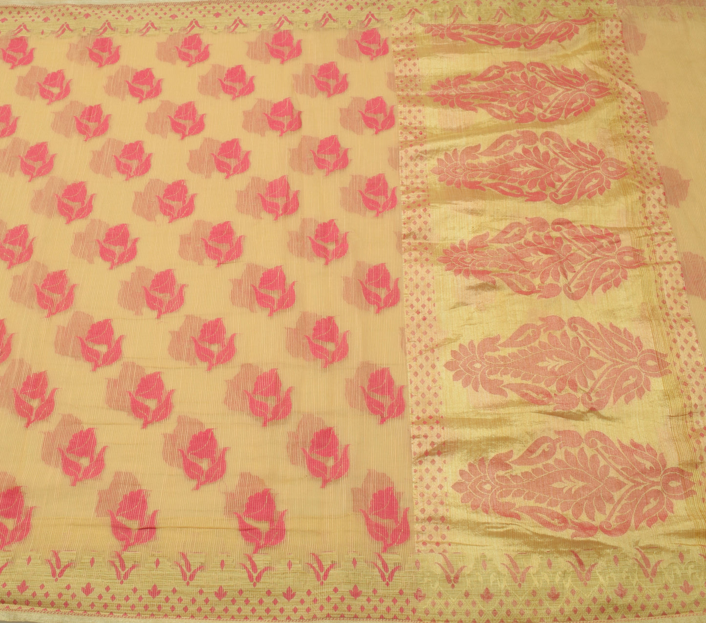 Sushila Vintage Indian Cream Saree Blend Cotton Woven Floral Sari Craft Fabric
