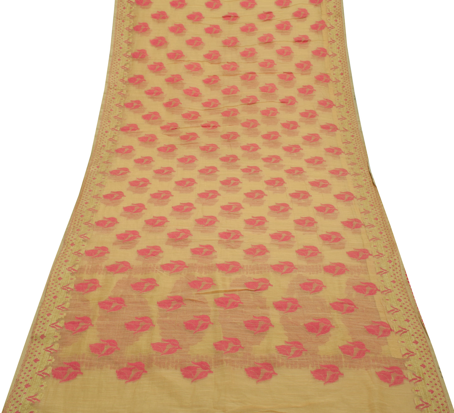 Sushila Vintage Indian Cream Saree Blend Cotton Woven Floral Sari Craft Fabric
