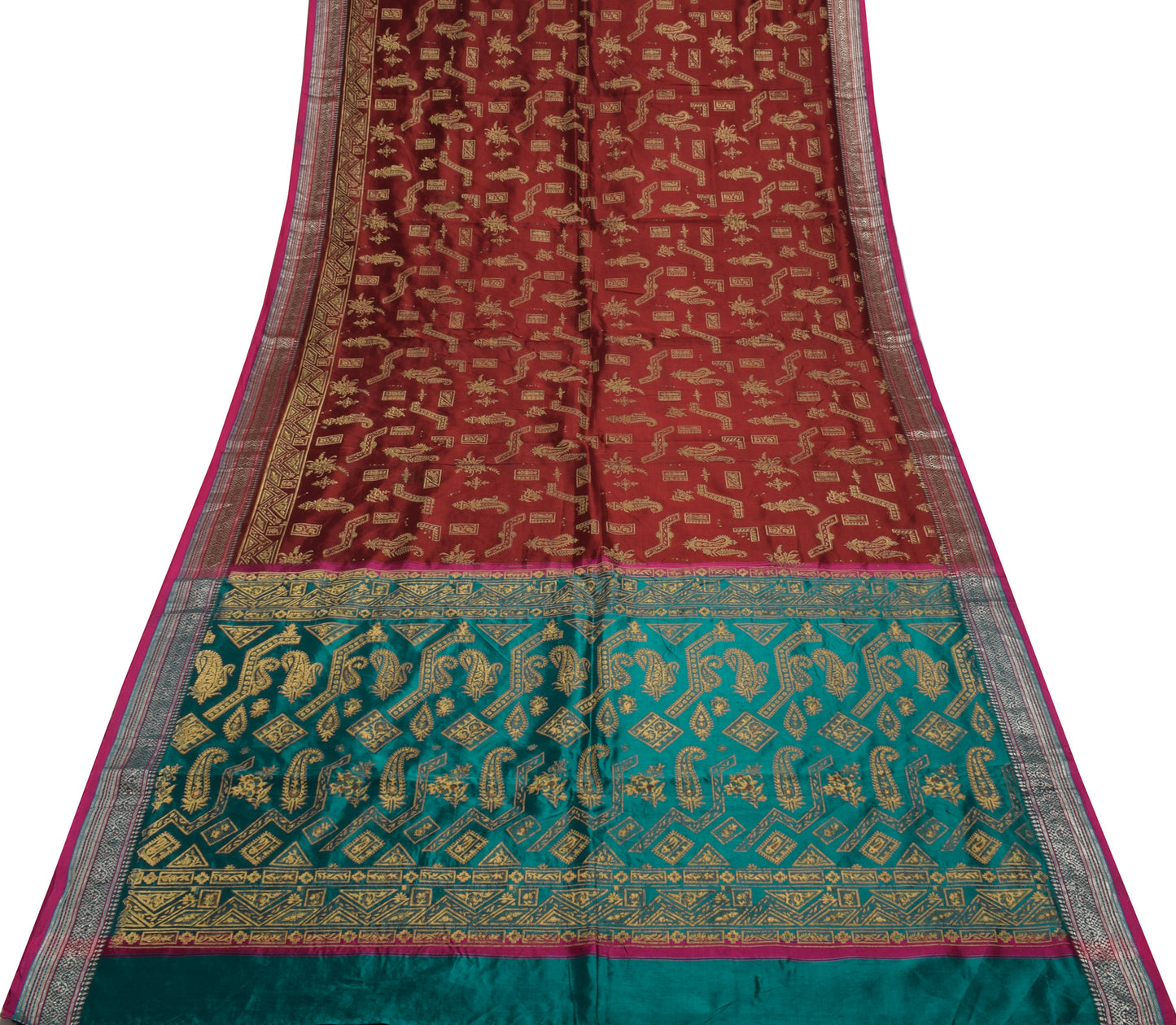 Sushila Vintage Maroon Saree Rayon Silk Hand Printed Paisley Sari Fabric