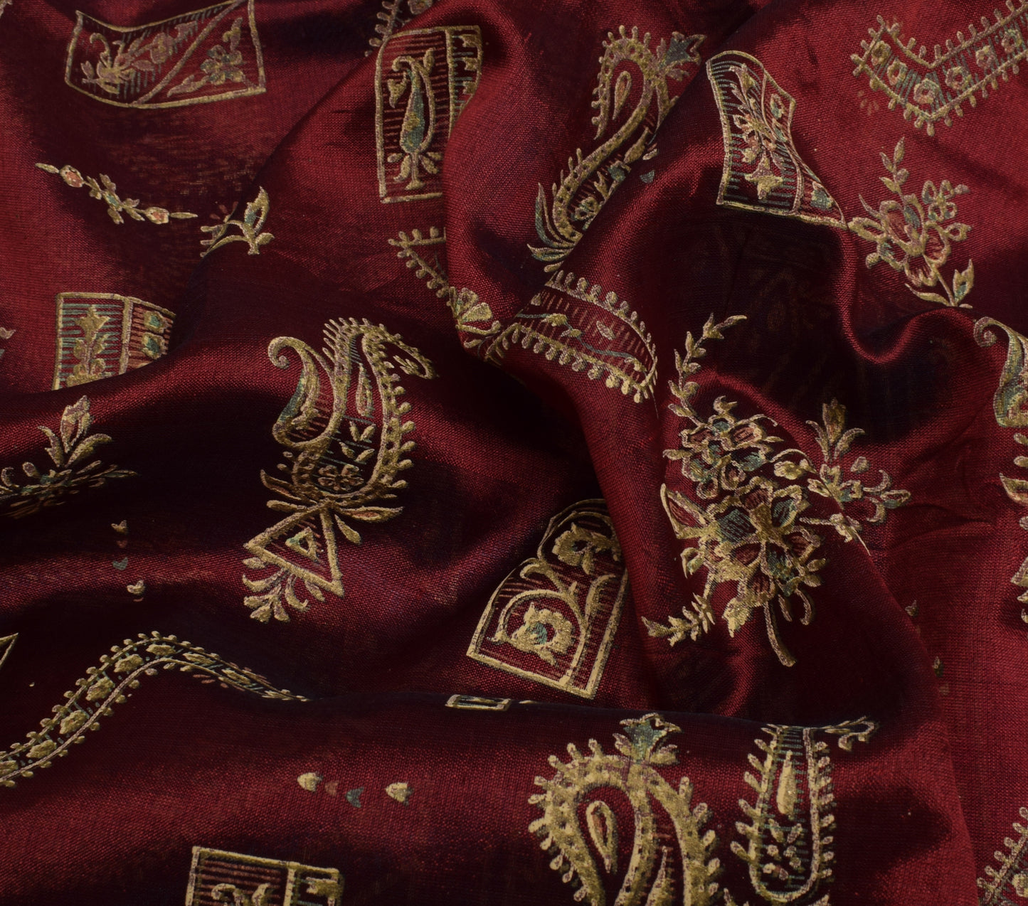 Sushila Vintage Maroon Saree Rayon Silk Hand Printed Paisley Sari Fabric